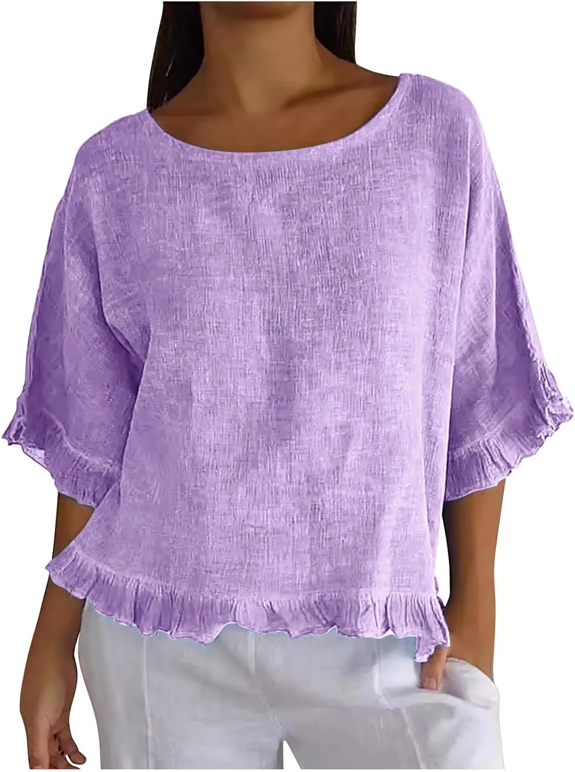 Womens Linen Tops Crewneck Half Sleeve Shirts Casual Loose Fitted Solid Cotton Linen Vacation Summer Outfits