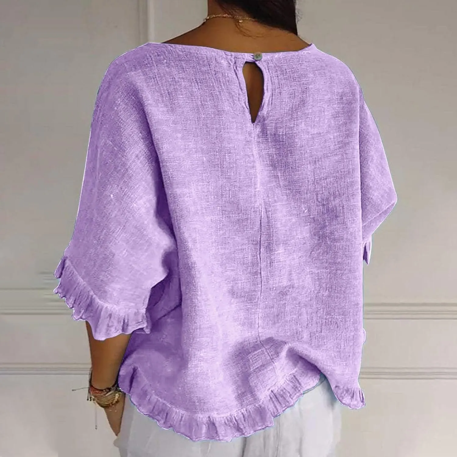 Womens Linen Tops Crewneck Half Sleeve Shirts Casual Loose Fitted Solid Cotton Linen Vacation Summer Outfits