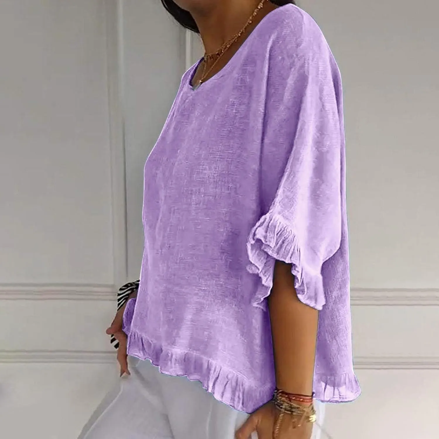 Womens Linen Tops Crewneck Half Sleeve Shirts Casual Loose Fitted Solid Cotton Linen Vacation Summer Outfits