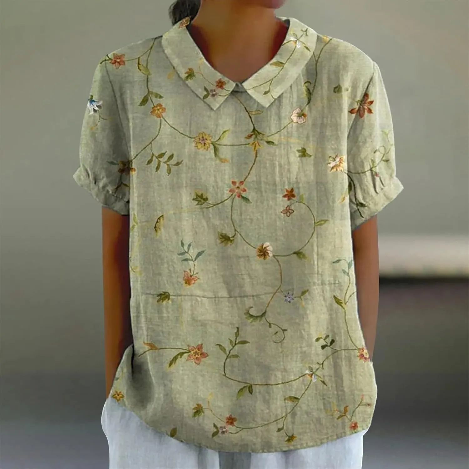 Womens Linen Tops Loose Plus Size Short Sleeve Lapel T Shirt Linen Loose Large Size Thin Lapel Shirt Oversized Linen Shirts