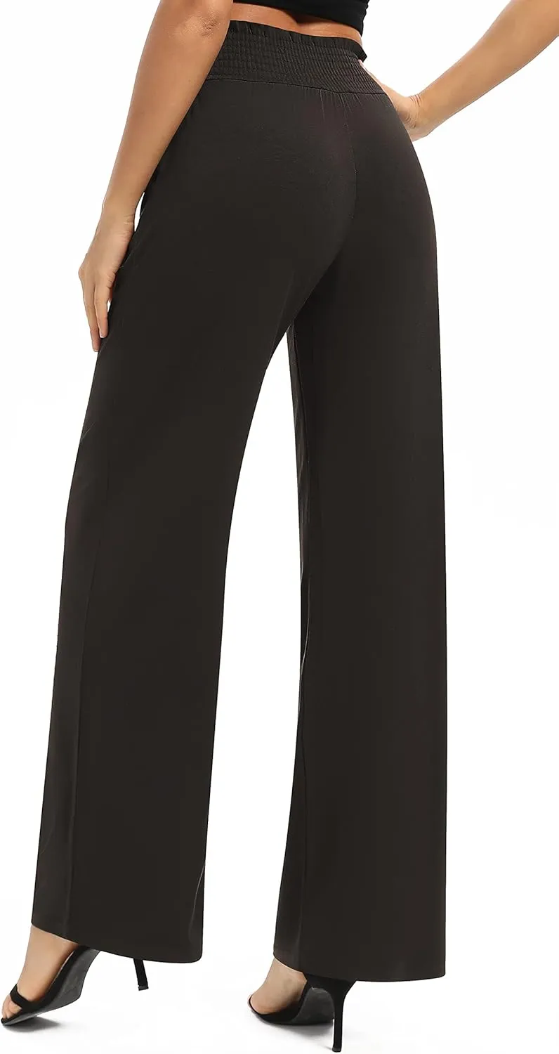 Women's Loose Straight Leg Palazzo Pants High Elastic Waist Causal Trousers with Pockets
