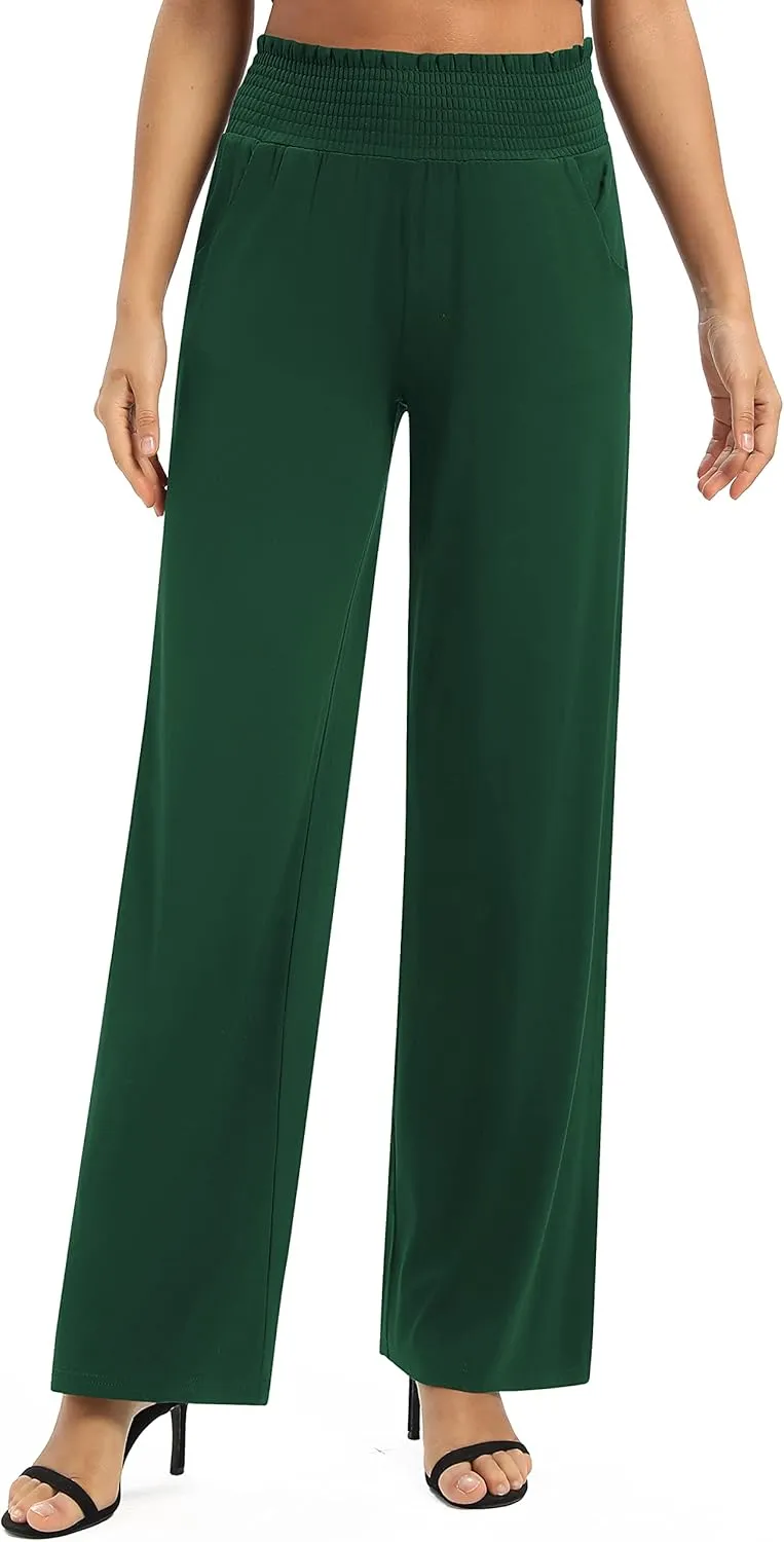Women's Loose Straight Leg Palazzo Pants High Elastic Waist Causal Trousers with Pockets
