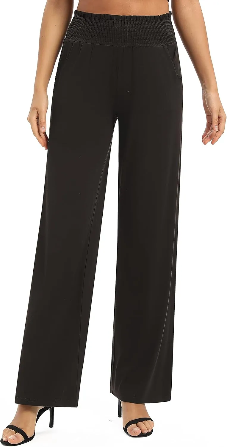Women's Loose Straight Leg Palazzo Pants High Elastic Waist Causal Trousers with Pockets
