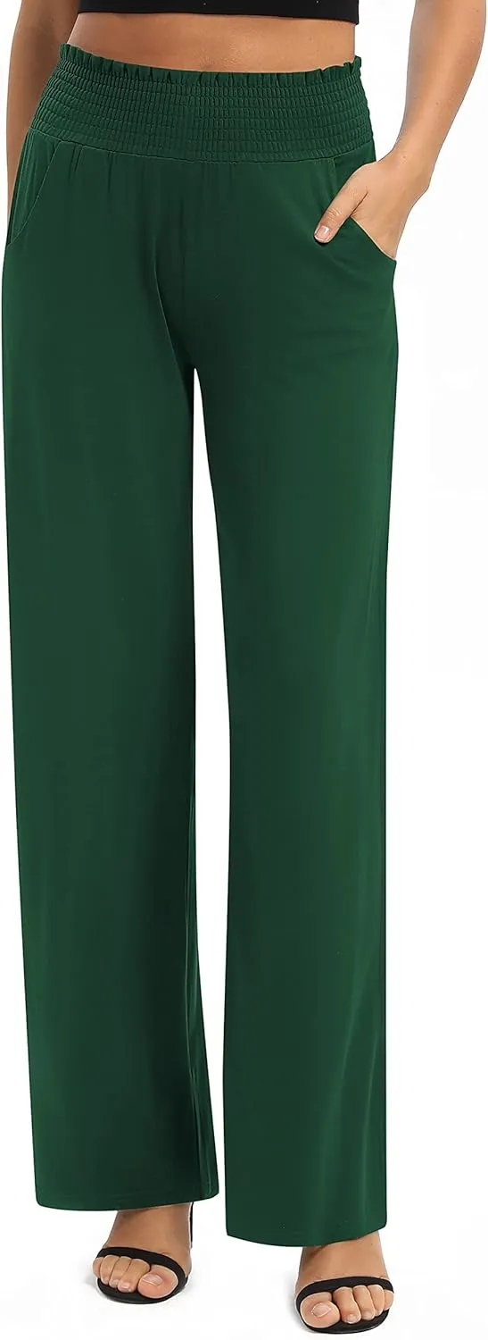 Women's Loose Straight Leg Palazzo Pants High Elastic Waist Causal Trousers with Pockets