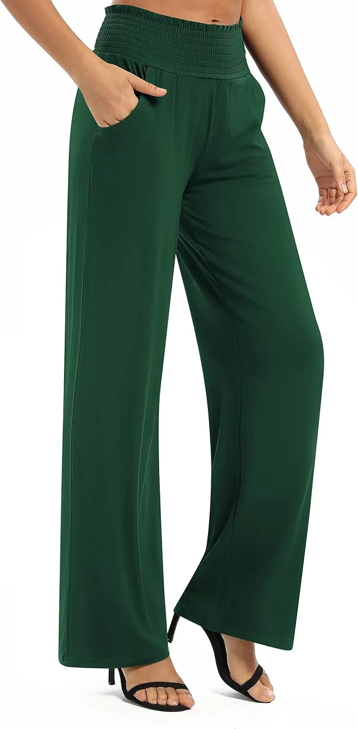 Women's Loose Straight Leg Palazzo Pants High Elastic Waist Causal Trousers with Pockets