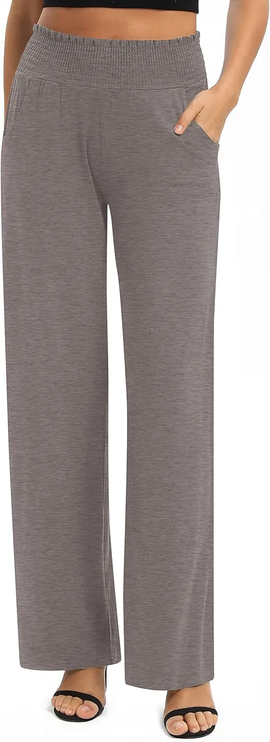 Women's Loose Straight Leg Palazzo Pants High Elastic Waist Causal Trousers with Pockets