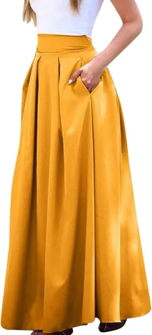 Womens Maxi Skirt A-line High Waist Swing Pleated Boho Summer Vacation Beach Flowy Elegant Long Skirts with Pockets
