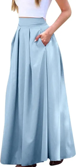 Womens Maxi Skirt A-line High Waist Swing Pleated Boho Summer Vacation Beach Flowy Elegant Long Skirts with Pockets