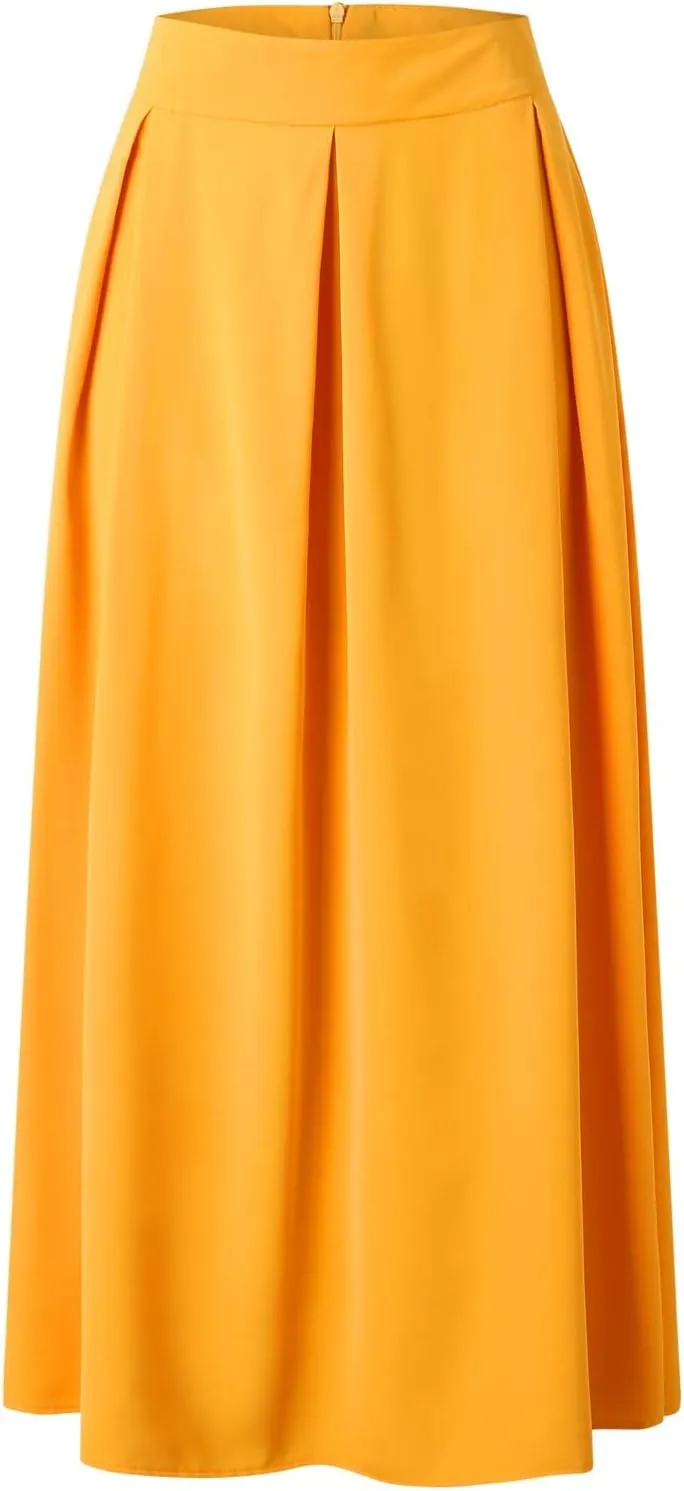 Womens Maxi Skirt A-line High Waist Swing Pleated Boho Summer Vacation Beach Flowy Elegant Long Skirts with Pockets