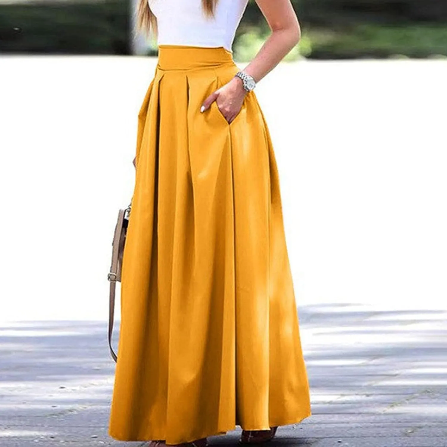 Womens Maxi Skirt A-line High Waist Swing Pleated Boho Summer Vacation Beach Flowy Elegant Long Skirts with Pockets