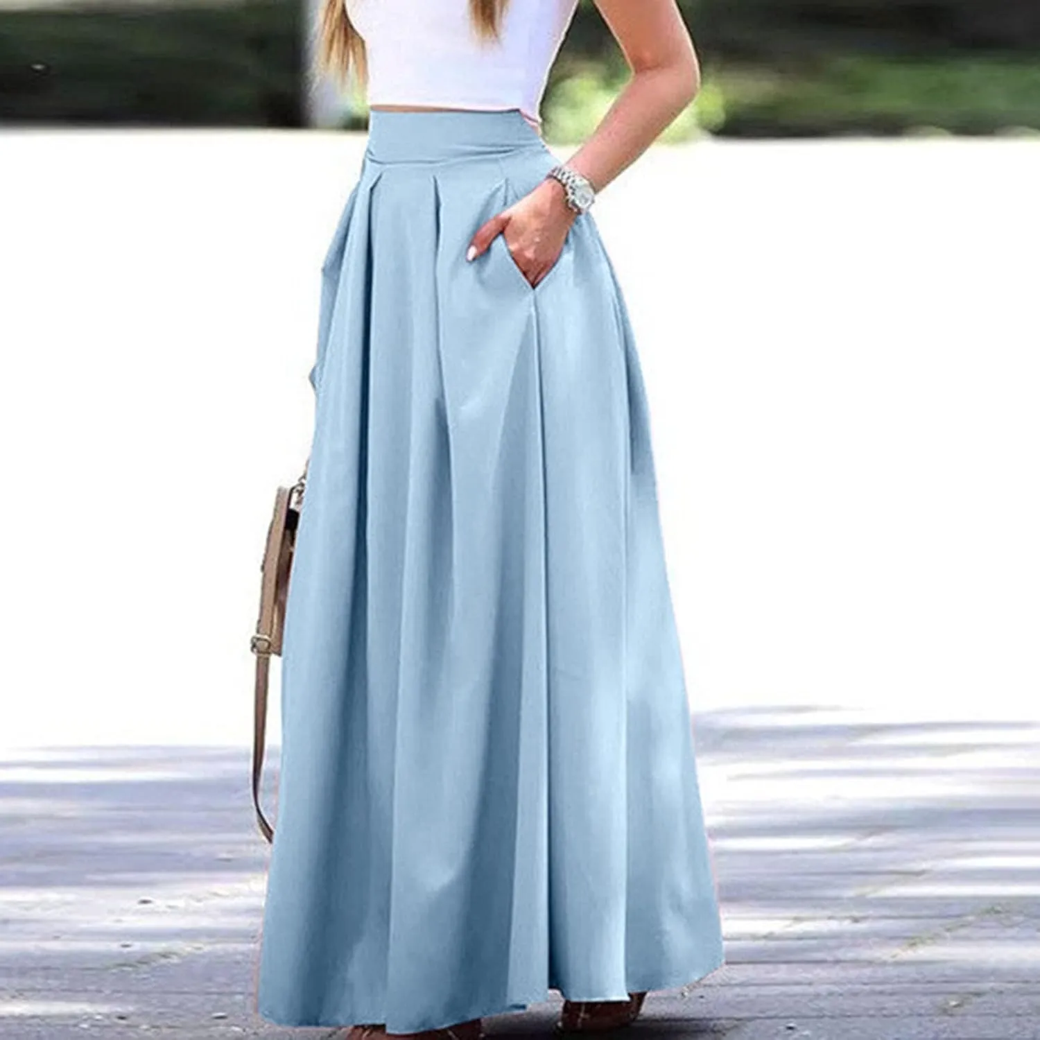 Womens Maxi Skirt A-line High Waist Swing Pleated Boho Summer Vacation Beach Flowy Elegant Long Skirts with Pockets