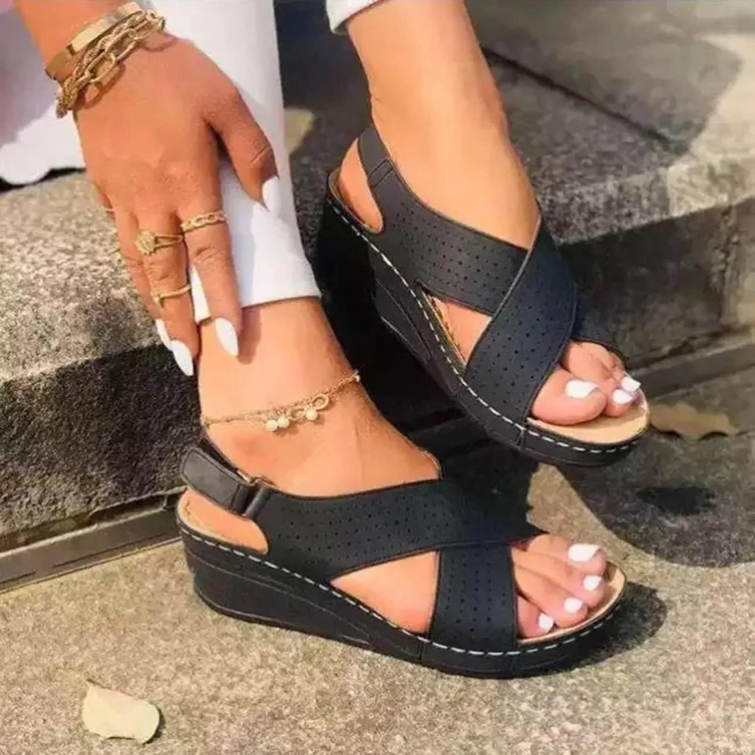 Womens Orthopedic Sandals Wedge Sandals for Women Summer Open Toe Hollow Out Cross Strap Sandal, Comfortable Ankle Strap Slip on Walking Shoes with Arch Support
