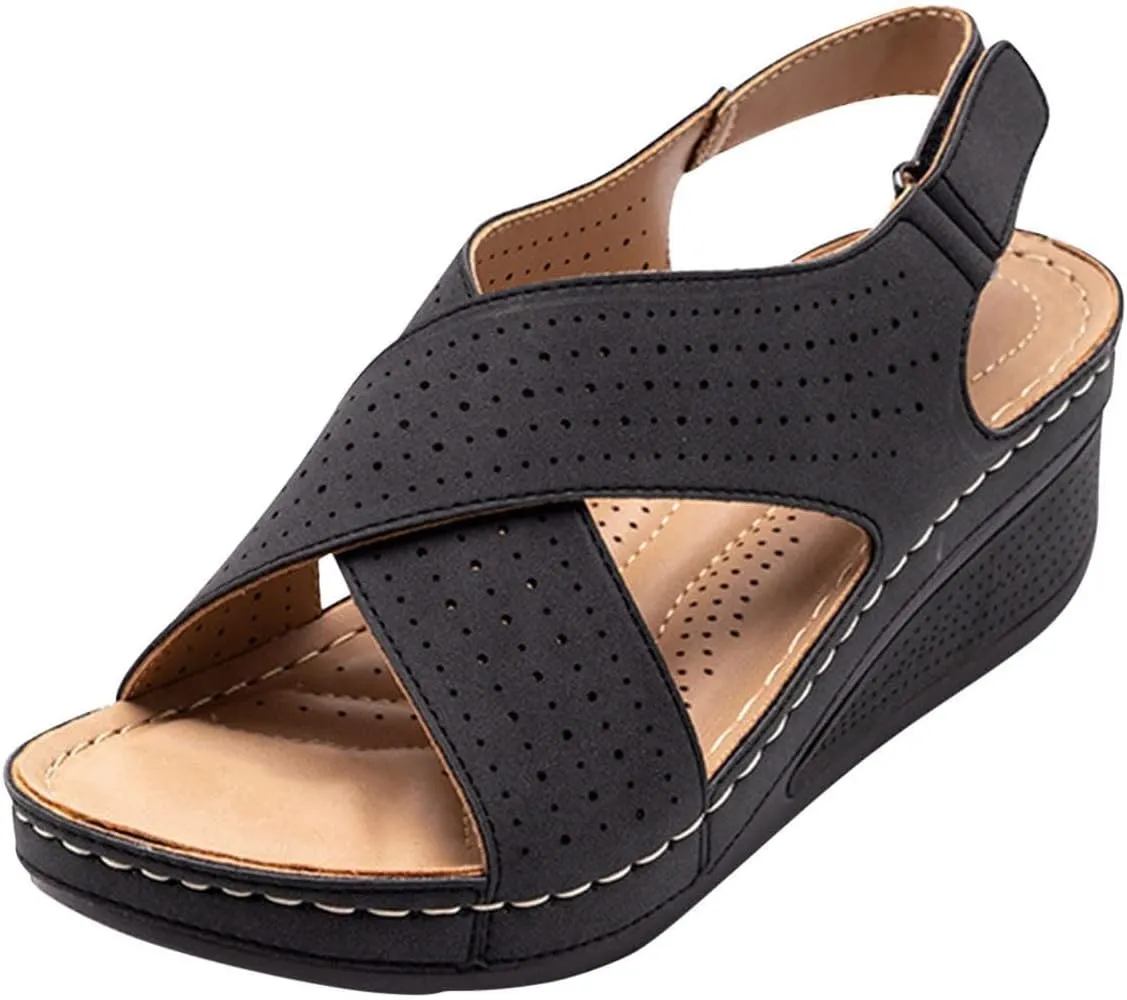 Womens Orthopedic Sandals Wedge Sandals for Women Summer Open Toe Hollow Out Cross Strap Sandal, Comfortable Ankle Strap Slip on Walking Shoes with Arch Support