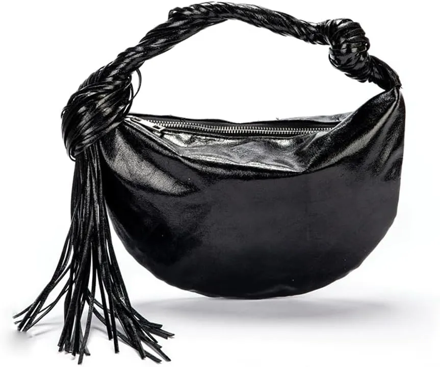 Women's PU Leather Clutch Handbags Silver Metallic Purse Tassel Design Top Handle Crescent Bag