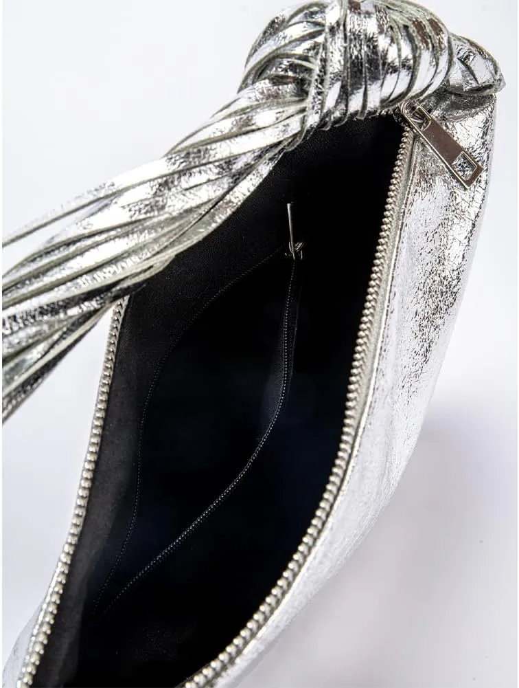 Women's PU Leather Clutch Handbags Silver Metallic Purse Tassel Design Top Handle Crescent Bag