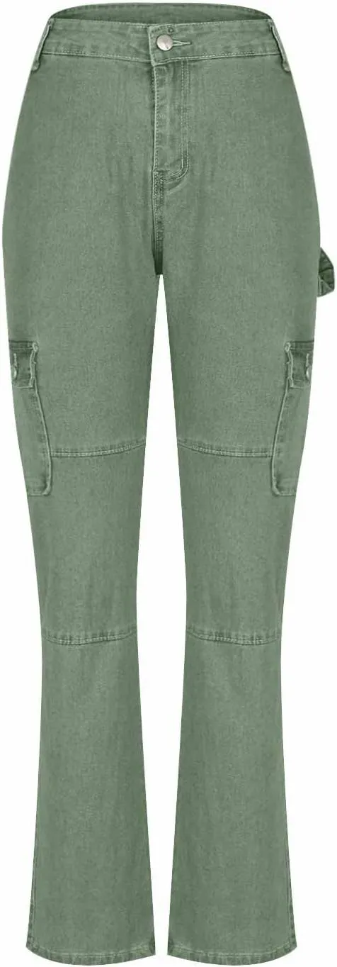 Women's Retro Denim Cargo Pants Casual High Waist Trousers Fashion Hippie Streetwear Wide Leg Jeans Pants with Pockets