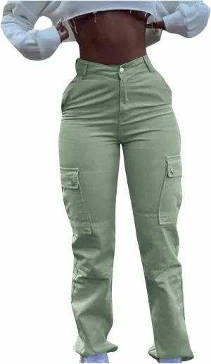 Women's Retro Denim Cargo Pants Casual High Waist Trousers Fashion Hippie Streetwear Wide Leg Jeans Pants with Pockets