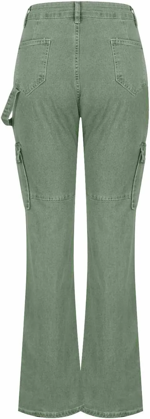 Women's Retro Denim Cargo Pants Casual High Waist Trousers Fashion Hippie Streetwear Wide Leg Jeans Pants with Pockets