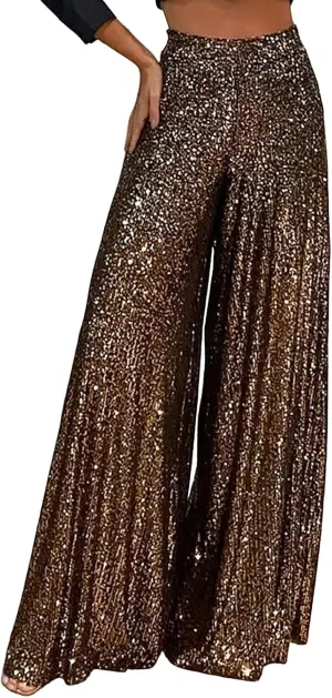 Womens Sequin Flare Pants Women Solid Casual Sequin Pocket Wide Leg Pants Zipper Loose Pants Night Out Clubwear
