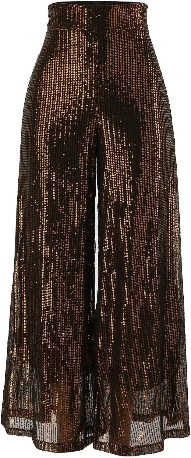 Womens Sequin Flare Pants Women Solid Casual Sequin Pocket Wide Leg Pants Zipper Loose Pants Night Out Clubwear