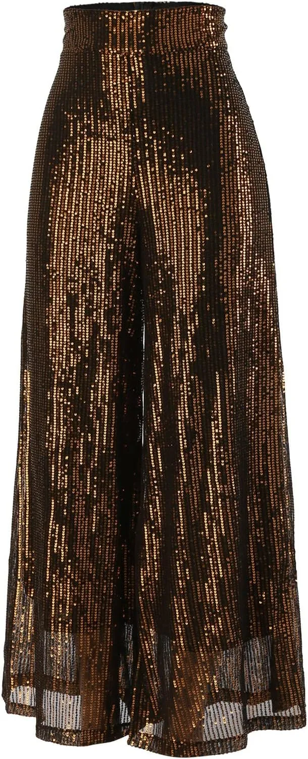 Womens Sequin Flare Pants Women Solid Casual Sequin Pocket Wide Leg Pants Zipper Loose Pants Night Out Clubwear