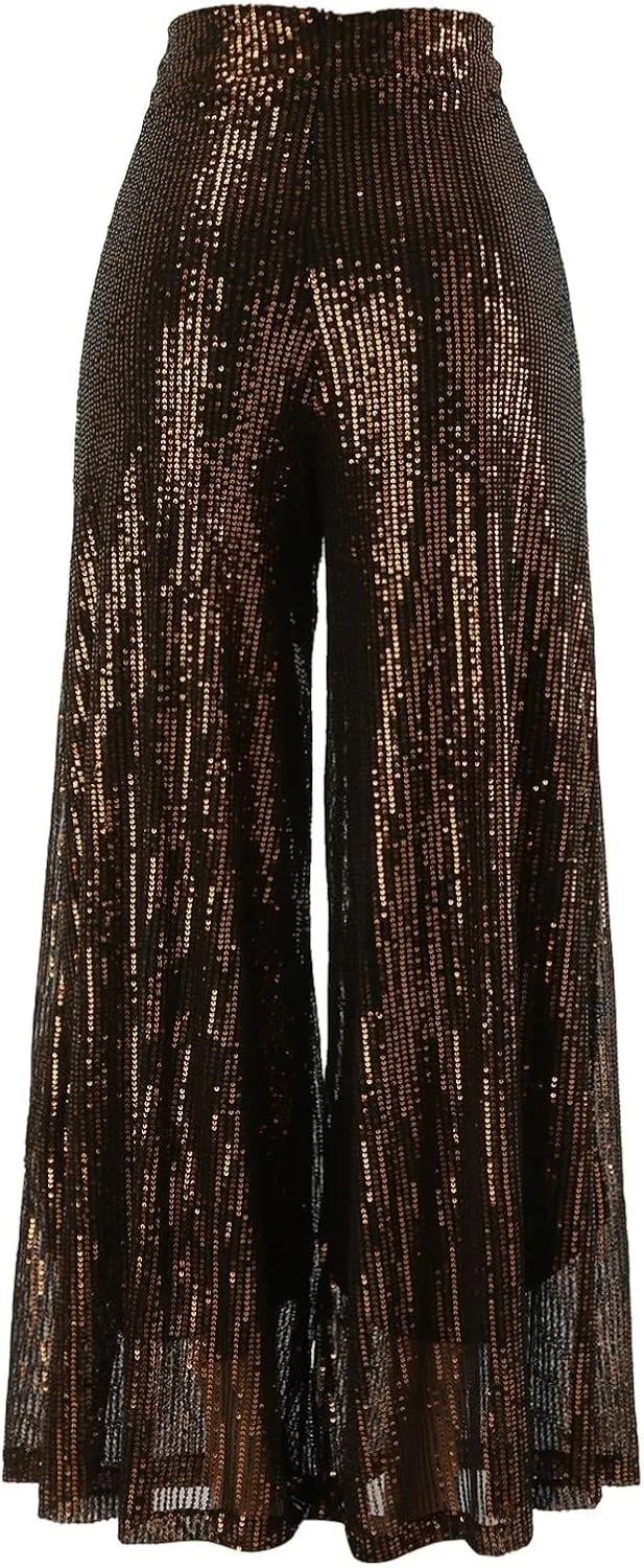 Womens Sequin Flare Pants Women Solid Casual Sequin Pocket Wide Leg Pants Zipper Loose Pants Night Out Clubwear