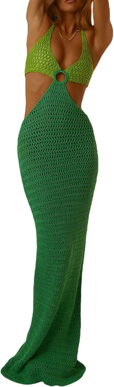 Women's Sexy Hollow Out Maxi Dress Summer Y2k Sleeveless Backless Knit Long Bodycon Dress Night Out Club Party Streetwear