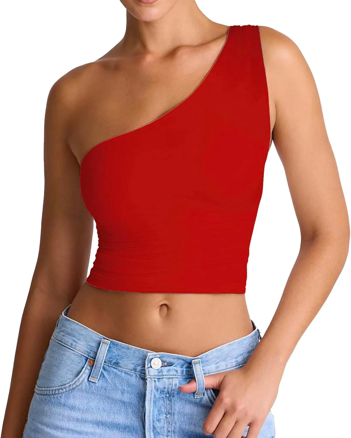 Women's Sexy One Shoulder Crop Tops Sleeveless Cropped Tank Tops Ruched Shirts