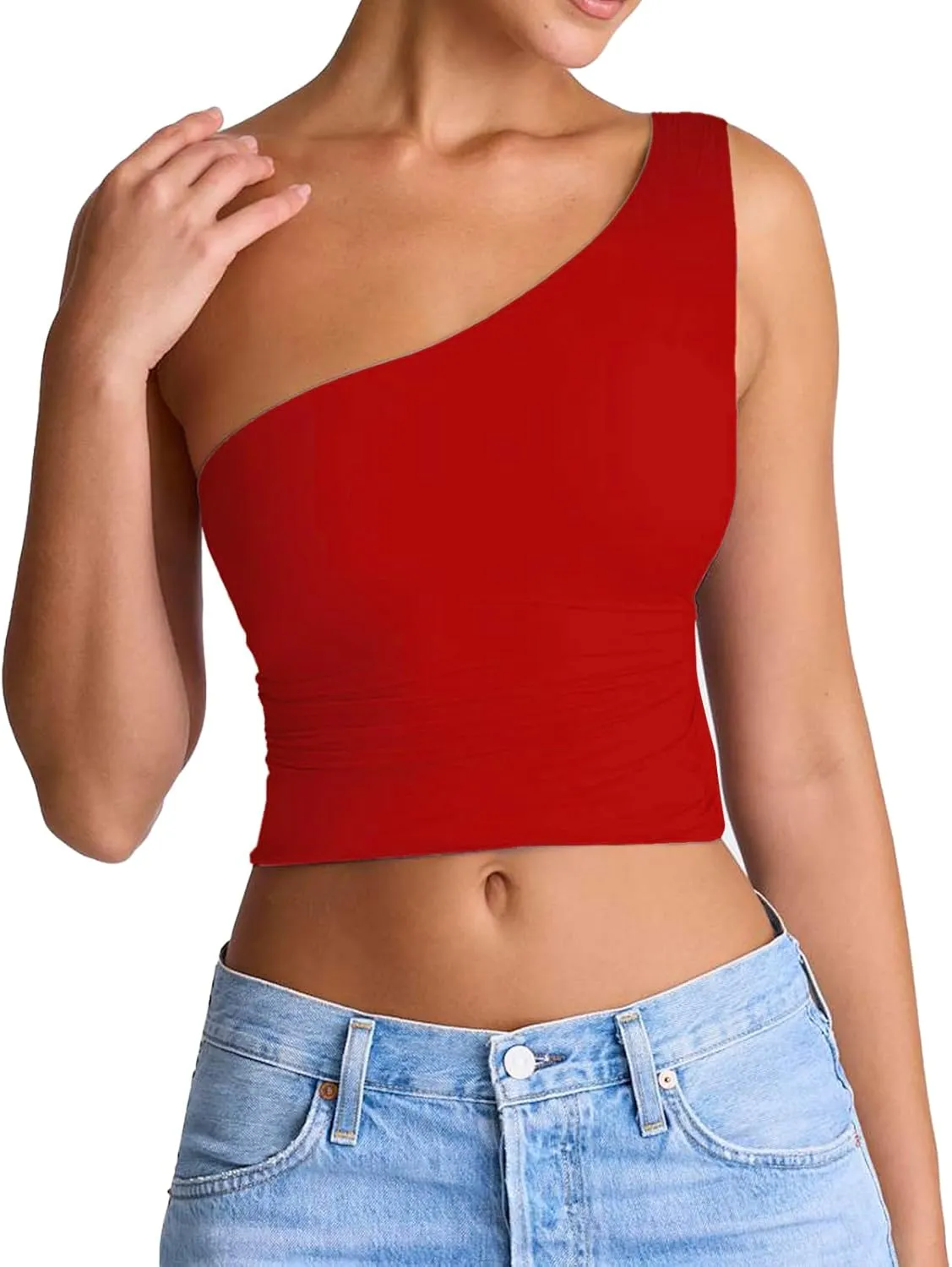 Women's Sexy One Shoulder Crop Tops Sleeveless Cropped Tank Tops Ruched Shirts