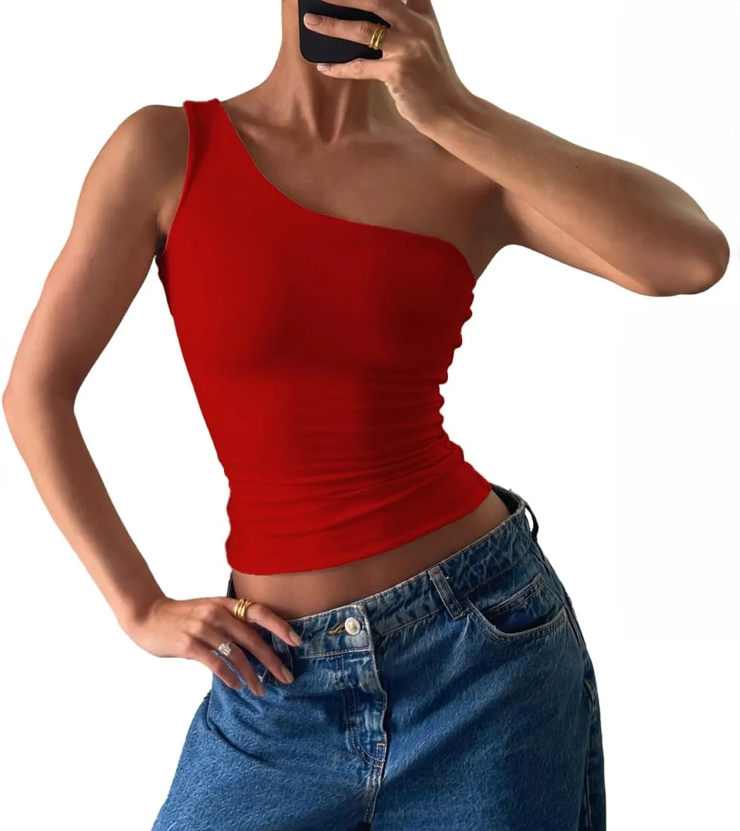 Women's Sexy One Shoulder Crop Tops Sleeveless Cropped Tank Tops Ruched Shirts