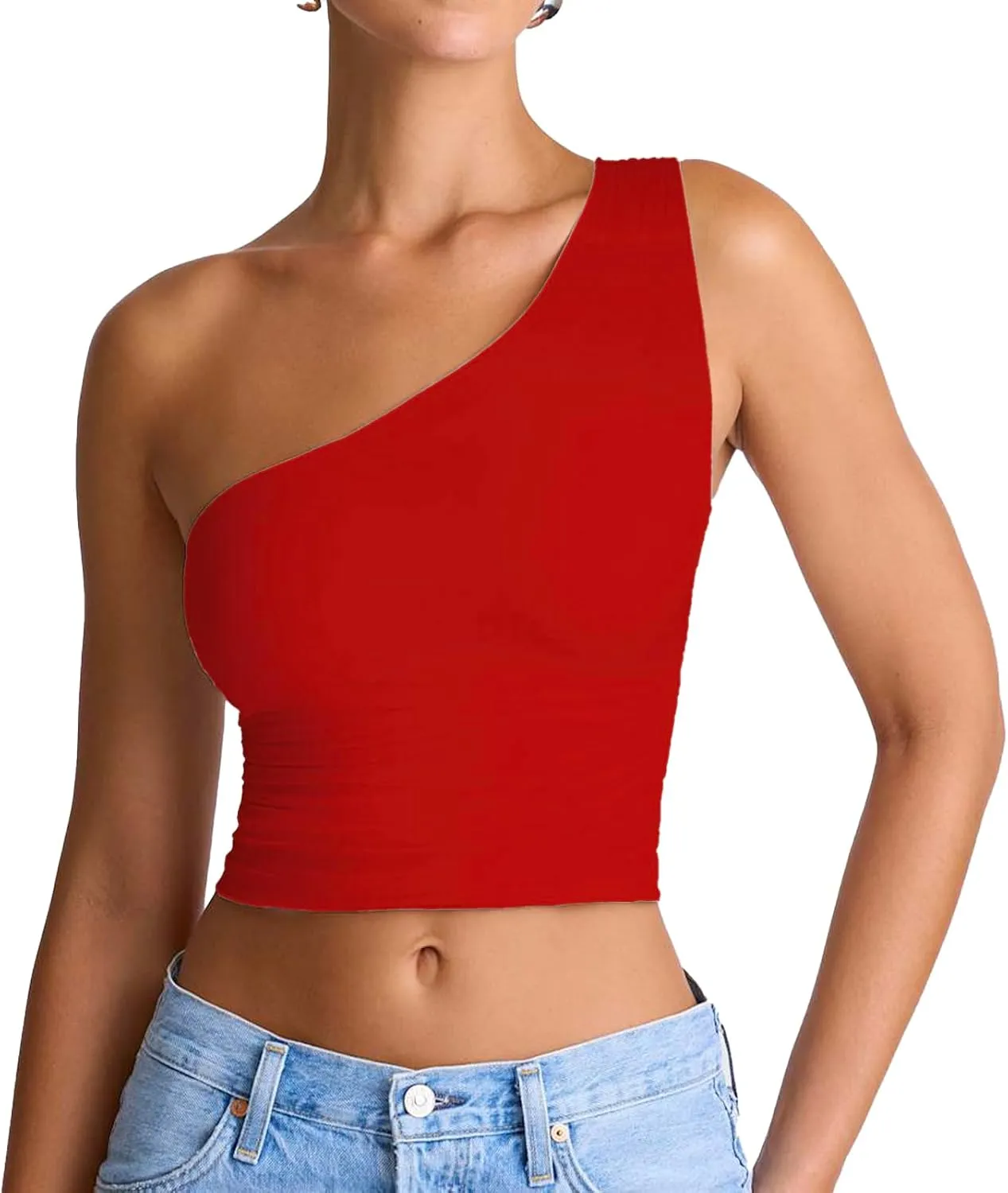 Women's Sexy One Shoulder Crop Tops Sleeveless Cropped Tank Tops Ruched Shirts