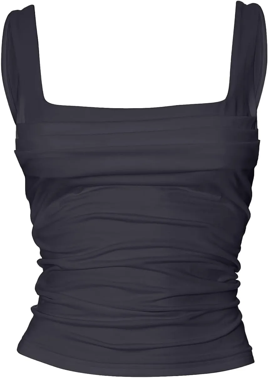 Women's Sleeveless Square Neck Tank Tops Strappy Ruched Going Out Top Backless Crop Tops