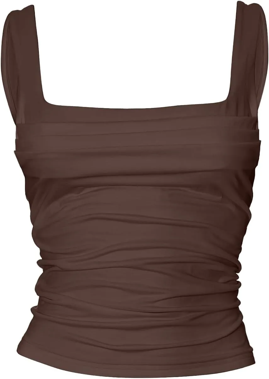 Women's Sleeveless Square Neck Tank Tops Strappy Ruched Going Out Top Backless Crop Tops