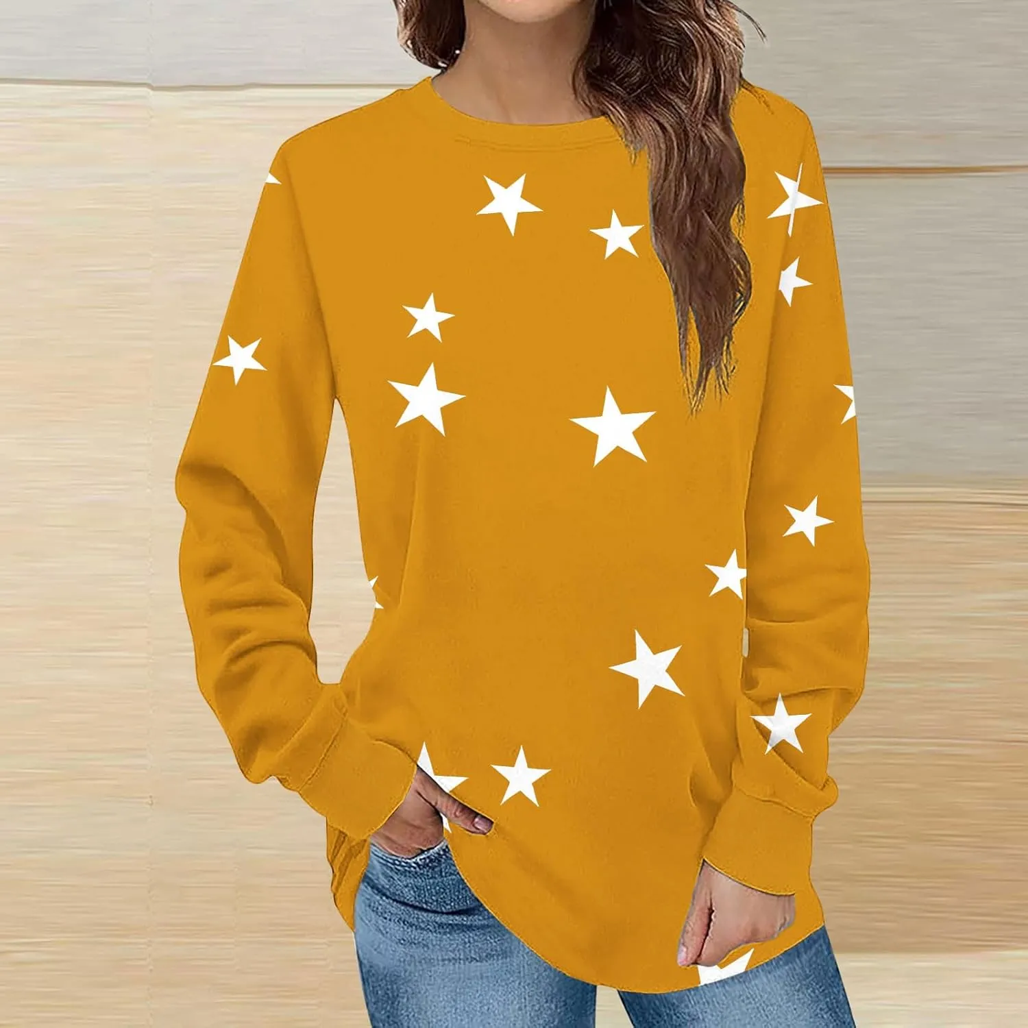 Women's Star Crewneck Sweatshirt Casual Long Sleeve Pullover Loose Comfy Sweater Fall Oversized Top Leisure Resort