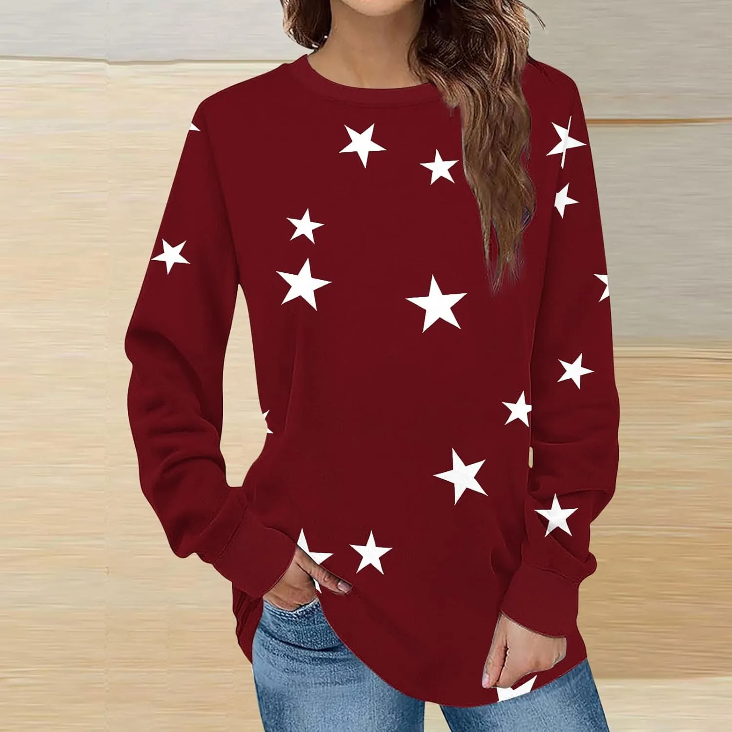 Women's Star Crewneck Sweatshirt Casual Long Sleeve Pullover Loose Comfy Sweater Fall Oversized Top Leisure Resort