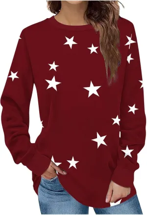 Women's Star Crewneck Sweatshirt Casual Long Sleeve Pullover Loose Comfy Sweater Fall Oversized Top Leisure Resort