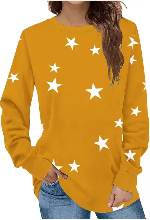 Women's Star Crewneck Sweatshirt Casual Long Sleeve Pullover Loose Comfy Sweater Fall Oversized Top Leisure Resort