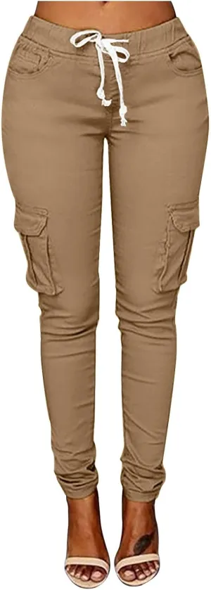 Women's Stretch Skinny Cargo Pants Casual High Waist Drawstring Cargo Joggers Butt Lift Pencil Trousers with Pockets