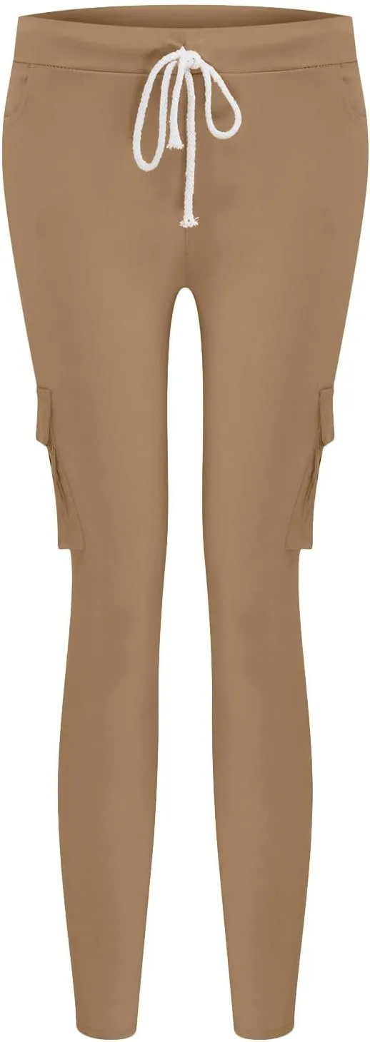 Women's Stretch Skinny Cargo Pants Casual High Waist Drawstring Cargo Joggers Butt Lift Pencil Trousers with Pockets