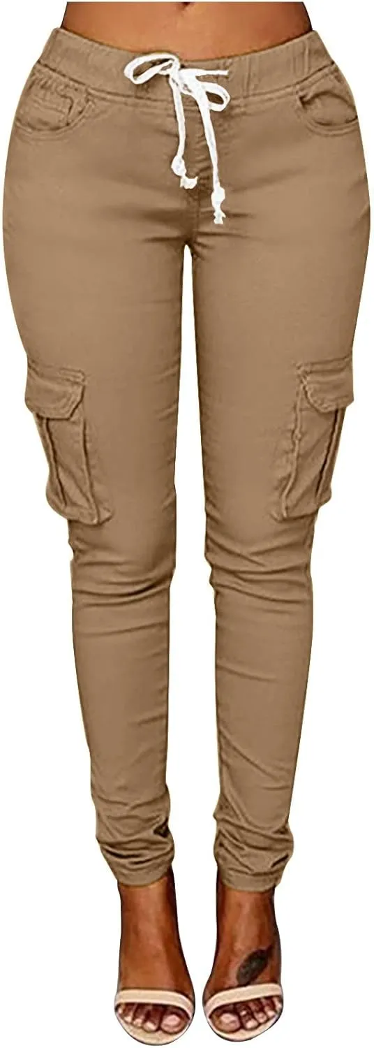 Women's Stretch Skinny Cargo Pants Casual High Waist Drawstring Cargo Joggers Butt Lift Pencil Trousers with Pockets
