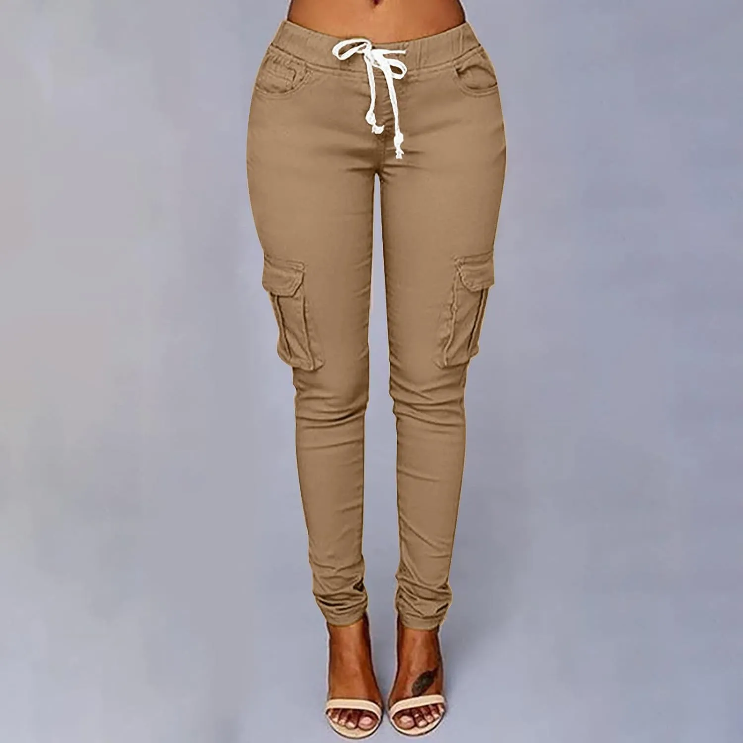 Women's Stretch Skinny Cargo Pants Casual High Waist Drawstring Cargo Joggers Butt Lift Pencil Trousers with Pockets