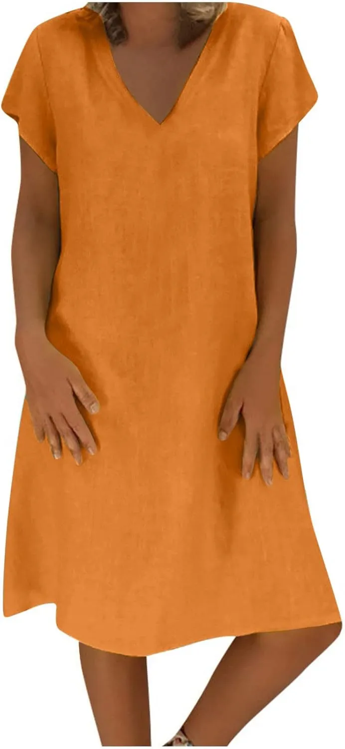 Women's Summer Dresses Knee Length Midi Sundress Cotton Linen Plus Size Shirt Dress Short Sleeve Tunic Shift Dress