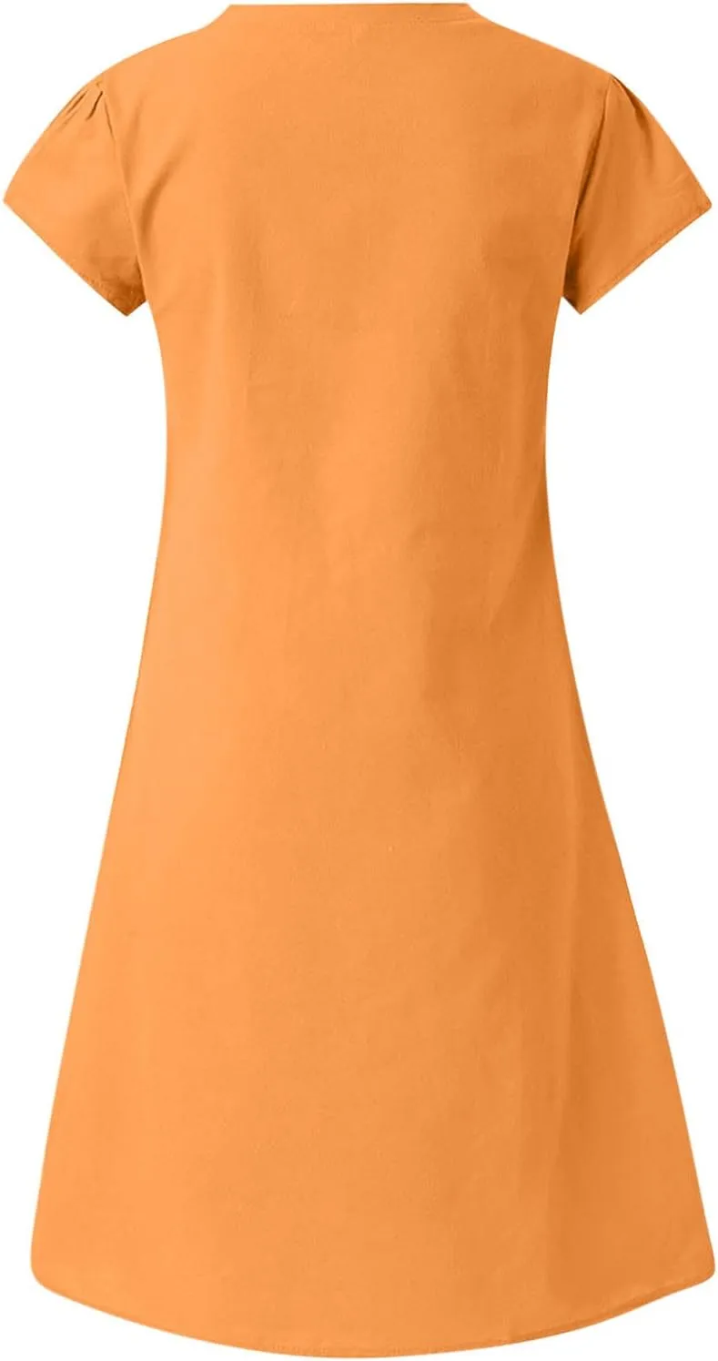 Women's Summer Dresses Knee Length Midi Sundress Cotton Linen Plus Size Shirt Dress Short Sleeve Tunic Shift Dress