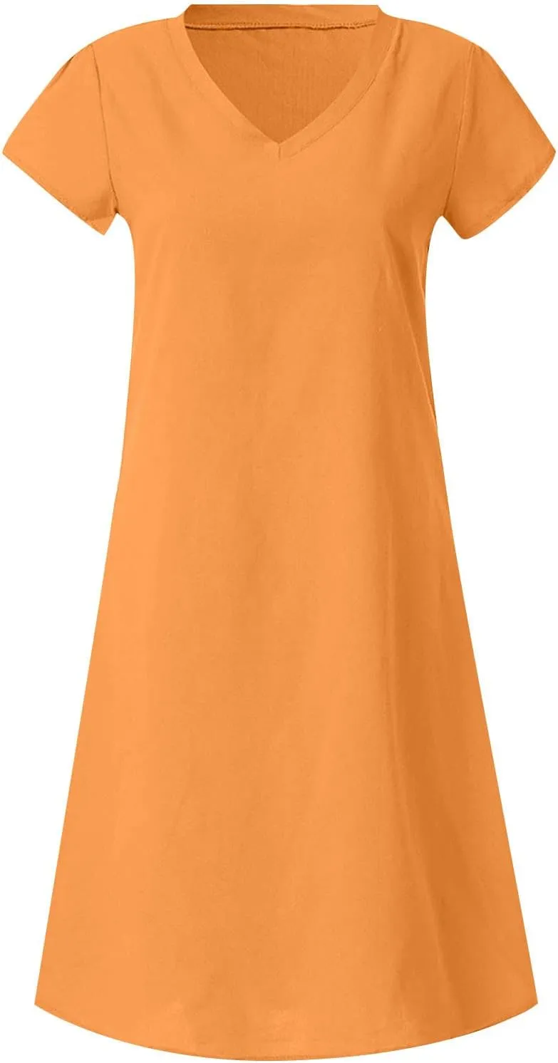 Women's Summer Dresses Knee Length Midi Sundress Cotton Linen Plus Size Shirt Dress Short Sleeve Tunic Shift Dress