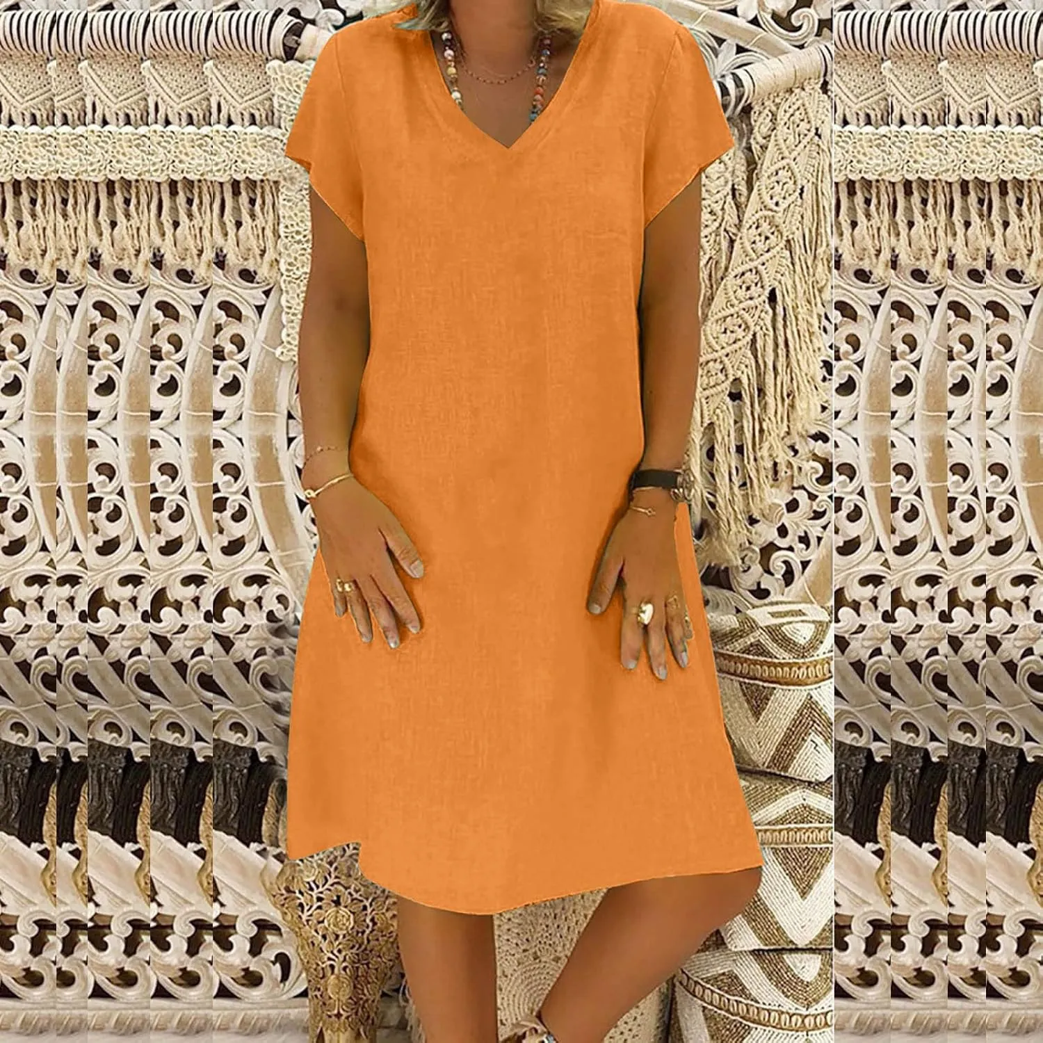 Women's Summer Dresses Knee Length Midi Sundress Cotton Linen Plus Size Shirt Dress Short Sleeve Tunic Shift Dress