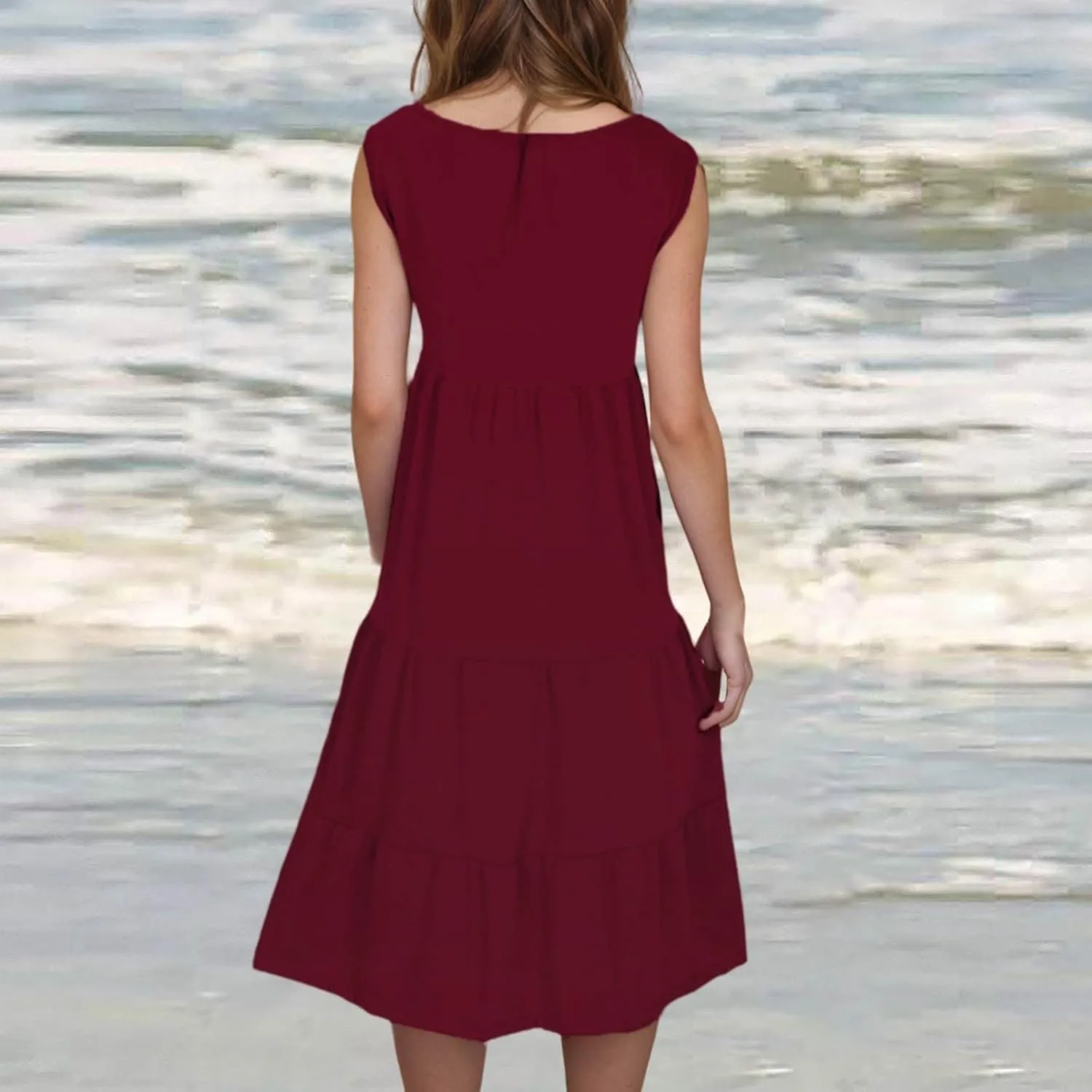 Womens Summer Dresses Round Neck Tank Tiered Flowy Midi Dress A Line Babydoll Casual Sleeveless Plus Size Sundress