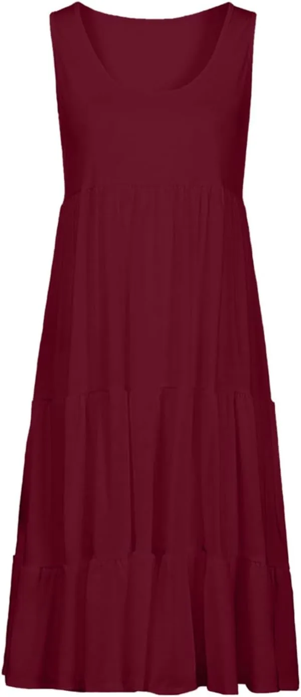 Womens Summer Dresses Round Neck Tank Tiered Flowy Midi Dress A Line Babydoll Casual Sleeveless Plus Size Sundress