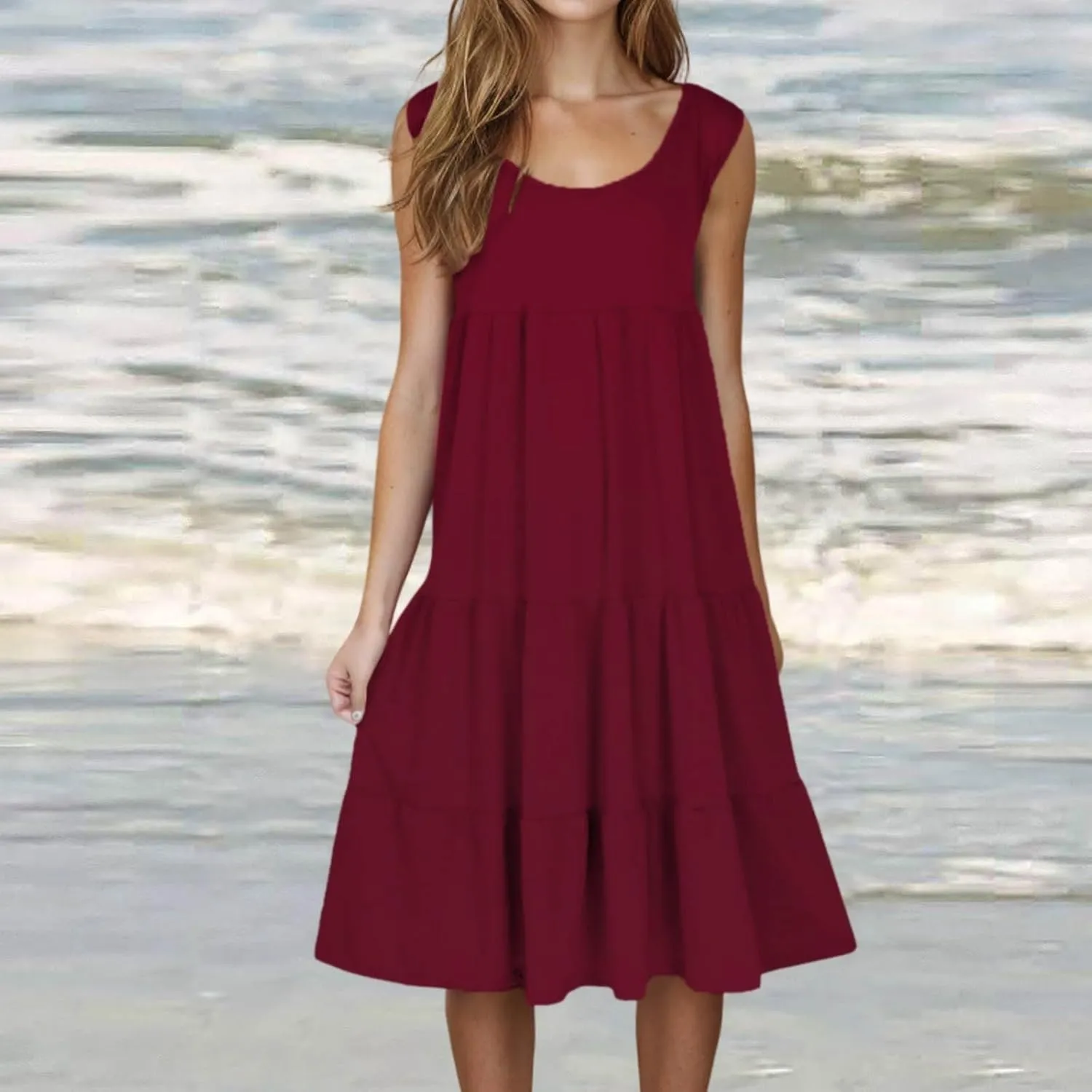 Womens Summer Dresses Round Neck Tank Tiered Flowy Midi Dress A Line Babydoll Casual Sleeveless Plus Size Sundress