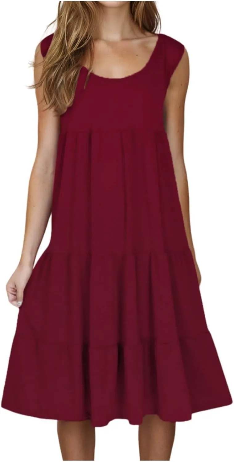 Womens Summer Dresses Round Neck Tank Tiered Flowy Midi Dress A Line Babydoll Casual Sleeveless Plus Size Sundress