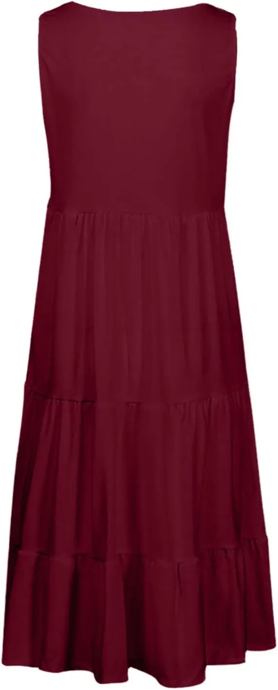 Womens Summer Dresses Round Neck Tank Tiered Flowy Midi Dress A Line Babydoll Casual Sleeveless Plus Size Sundress